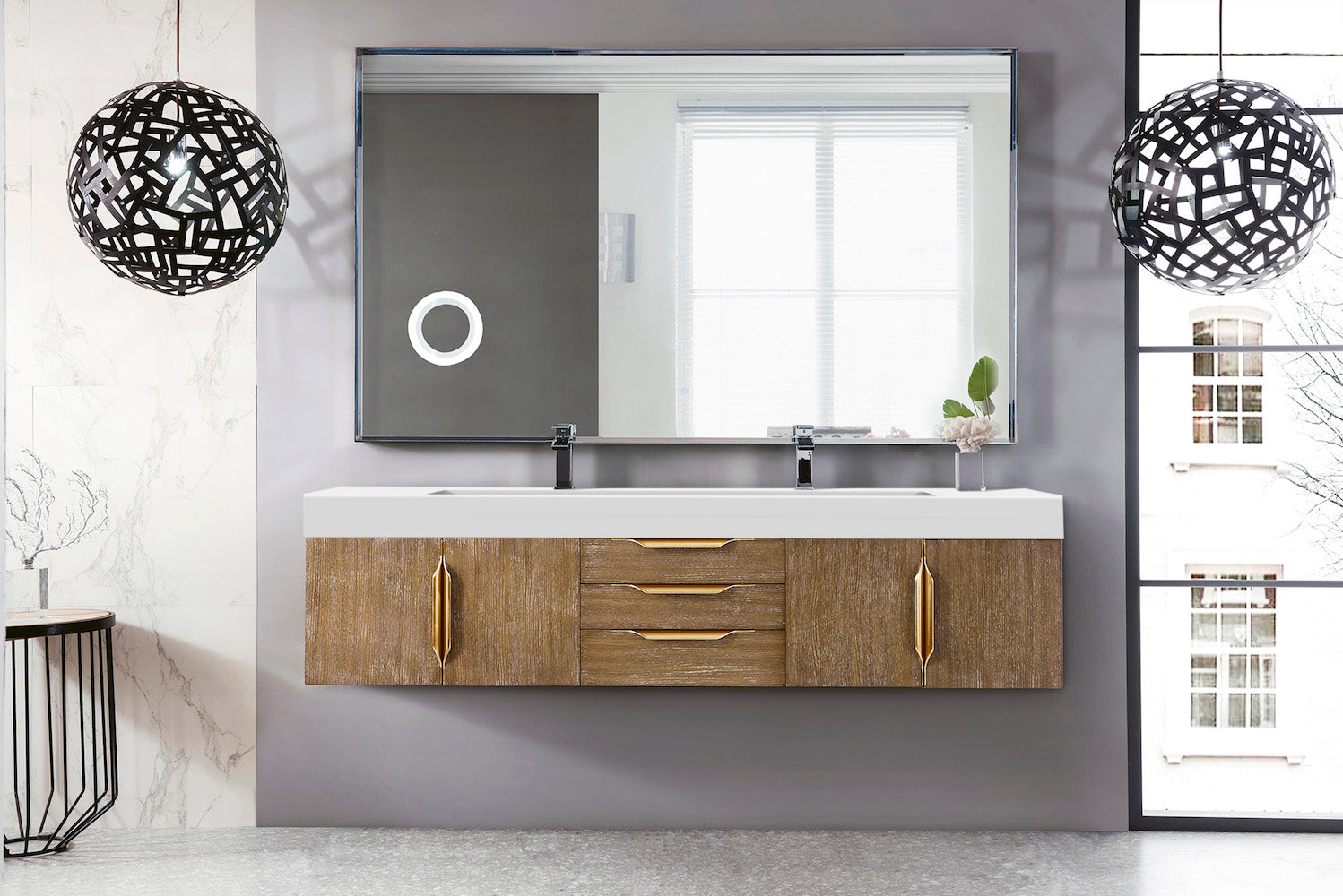 72" Mercer Island Double Sink Bathroom Vanity, Latte Oak w/ Radiant Gold