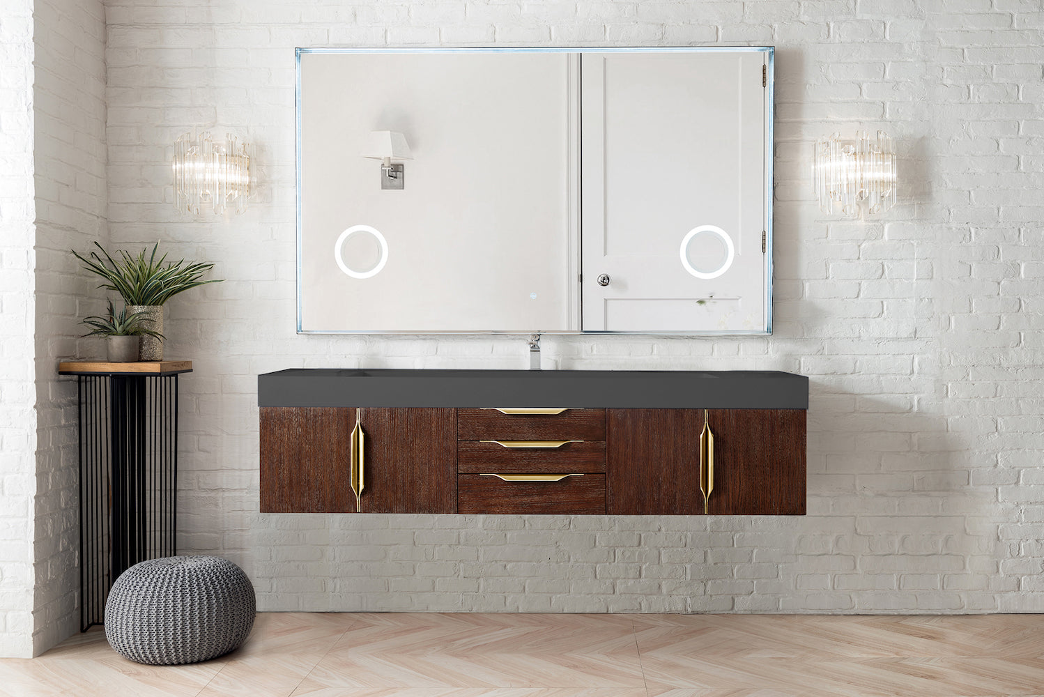 72" Mercer Island Single Sink Bathroom Vanity, Coffee Oak w/ Radiant Gold