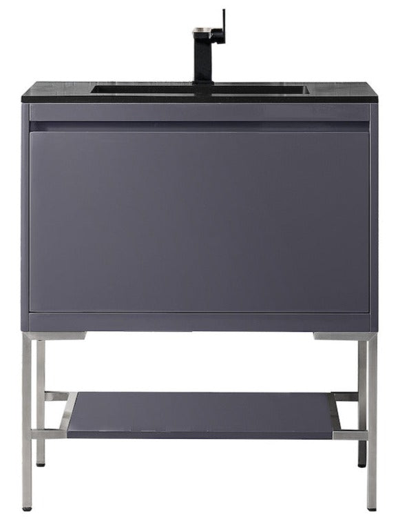 31.5" Milan Single Sink Bathroom Vanity, Modern Grey, Brushed Nickel Base w/ Black Top