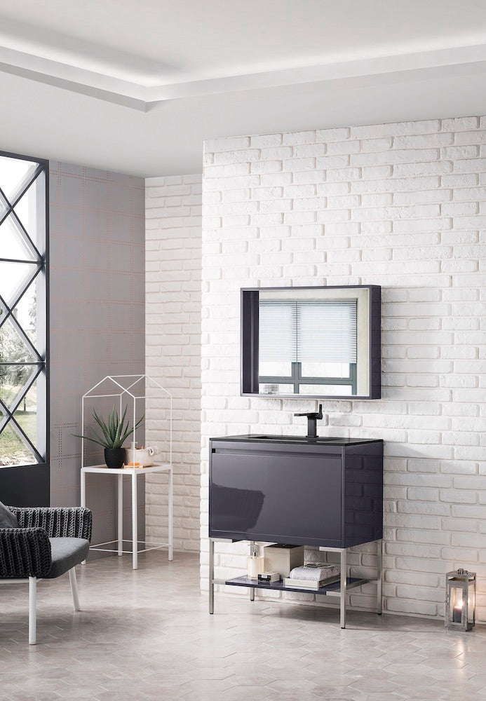 31.5" Milan Single Sink Bathroom Vanity, Modern Grey, Brushed Nickel Base w/ Black Top