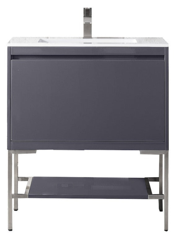 31.5" Milan Single Sink Bathroom Vanity, Modern Grey, Brushed Nickel Base w/ White Top