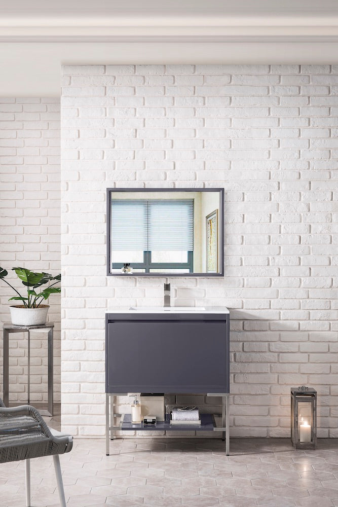 31.5" Milan Single Sink Bathroom Vanity, Modern Grey, Brushed Nickel Base w/ White Top