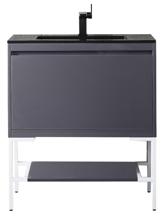 31.5" Milan Single Sink Bathroom Vanity, Modern Grey, Glossy White Base w/ Black Top