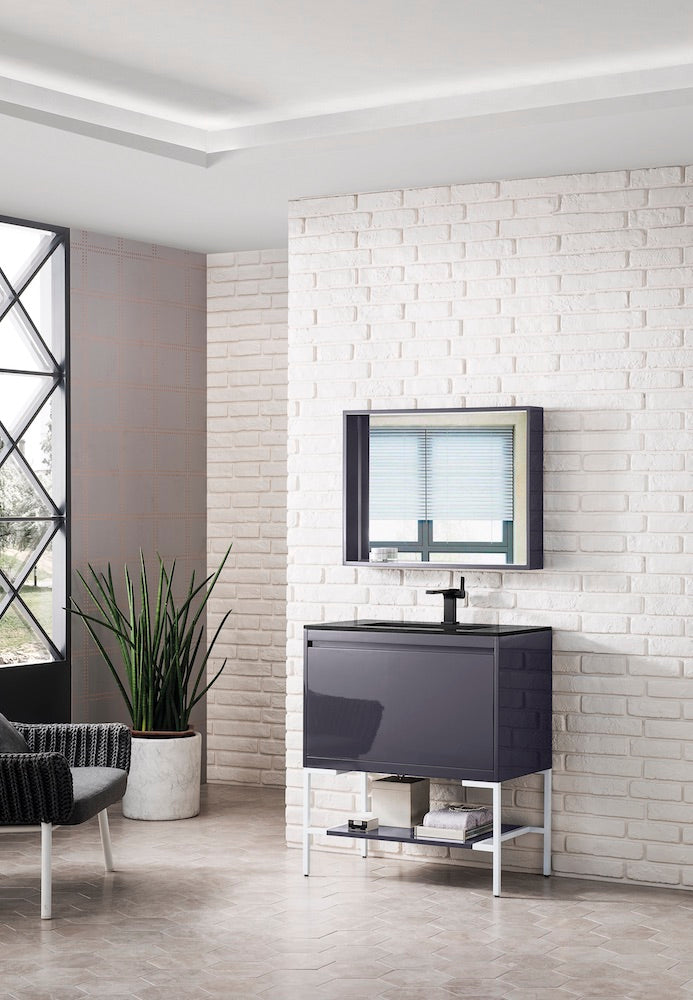 31.5" Milan Single Sink Bathroom Vanity, Modern Grey, Glossy White Base w/ Black Top