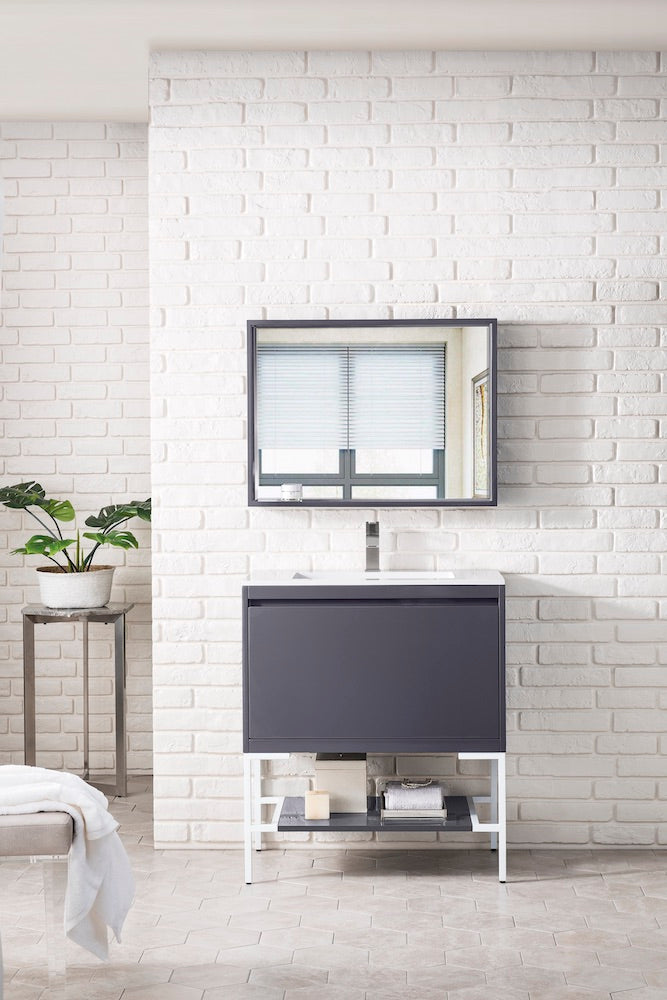 31.5" Milan Single Sink Bathroom Vanity, Modern Grey, Glossy White Base w/ White Top