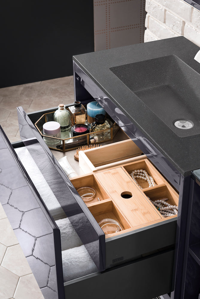 31.5" Milan Single Sink Bathroom Vanity, Modern Grey, Matte Black Base w/ Black Top