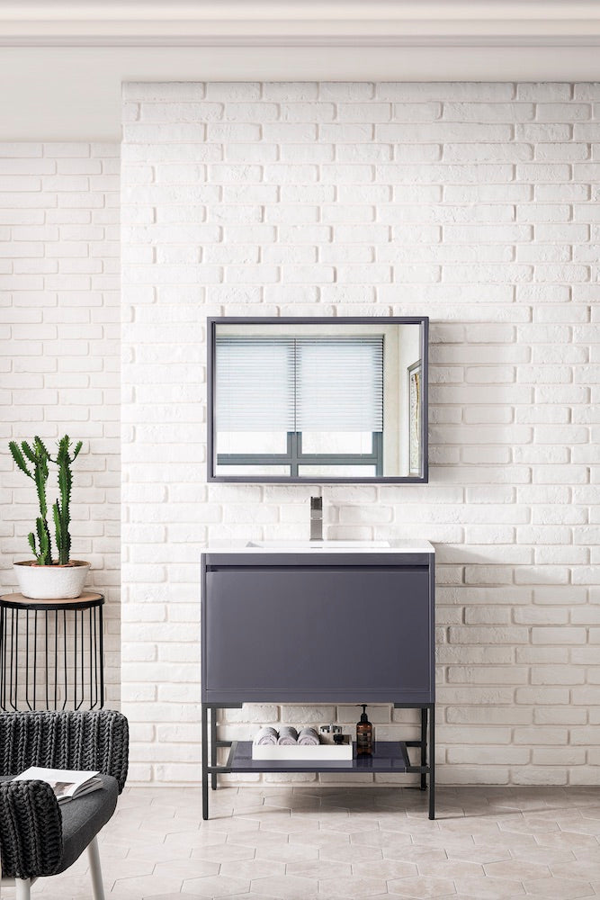 31.5" Milan Single Sink Bathroom Vanity, Modern Grey, Matte Black Base w/ White Top