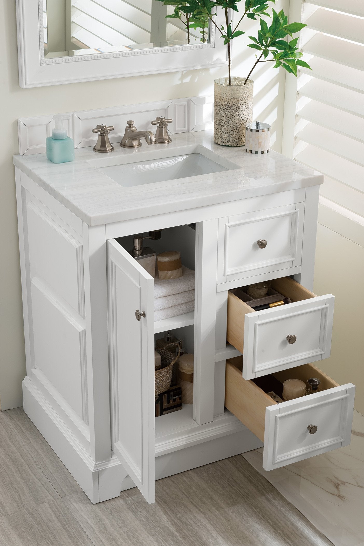 30" De Soto Bright White Single Sink Bathroom Vanity, James Martin Vanities - vanitiesdepot.com