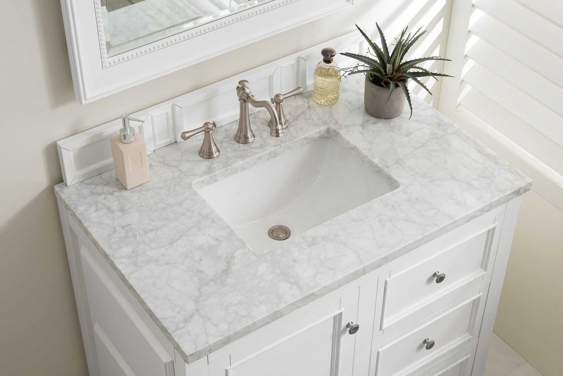 36" De Soto Bright White Single Sink Bathroom Vanity, James Martin Vanities - vanitiesdepot.com