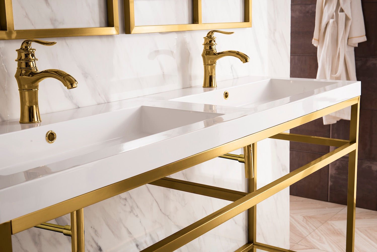 63" Boston Stainless Steel Double Sink Console, Radiant Gold w/ Countertop