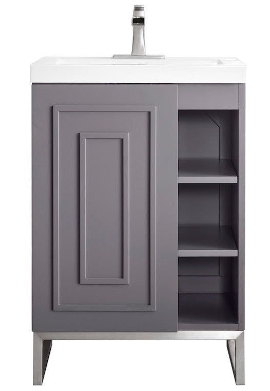 24" Alicante Single Sink Bathroom Vanity, Grey Smoke, Brushed Nickel w/ Countertop