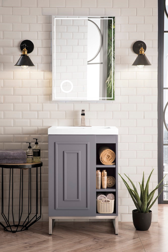 24" Alicante Single Sink Bathroom Vanity, Grey Smoke, Brushed Nickel w/ Countertop