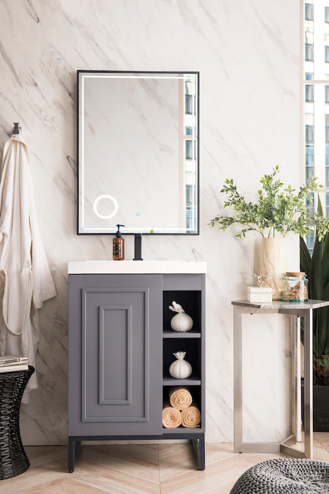24" Alicante Single Sink Bathroom Vanity, Grey Smoke, Matte Black w/ Countertop