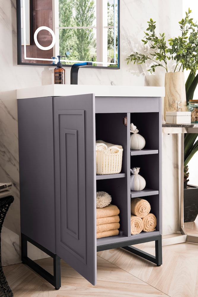 24" Alicante Single Sink Bathroom Vanity, Grey Smoke, Matte Black w/ Countertop