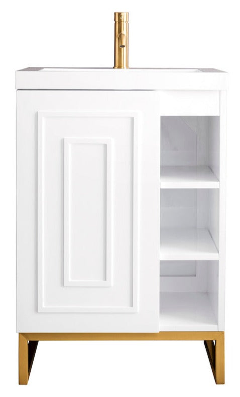 24" Alicante Single Sink Bathroom Vanity, Glossy White, Radiant Gold w/ Countertop