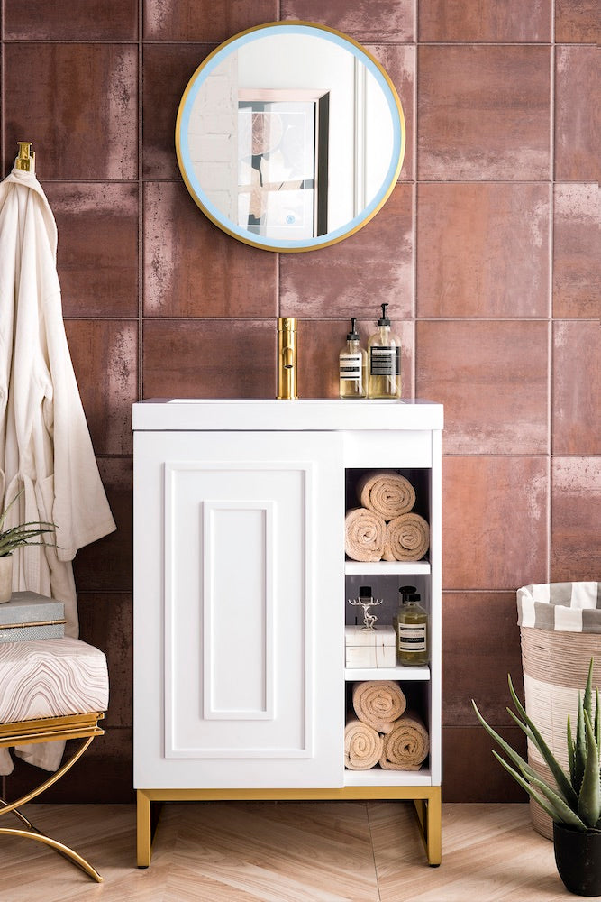 24" Alicante Single Sink Bathroom Vanity, Glossy White, Radiant Gold w/ Countertop