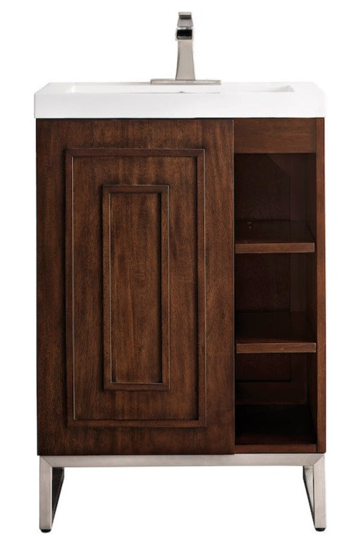 24" Alicante Single Sink Bathroom Vanity, Mid Century Acacia, Brushed Nickel w/ Countertop
