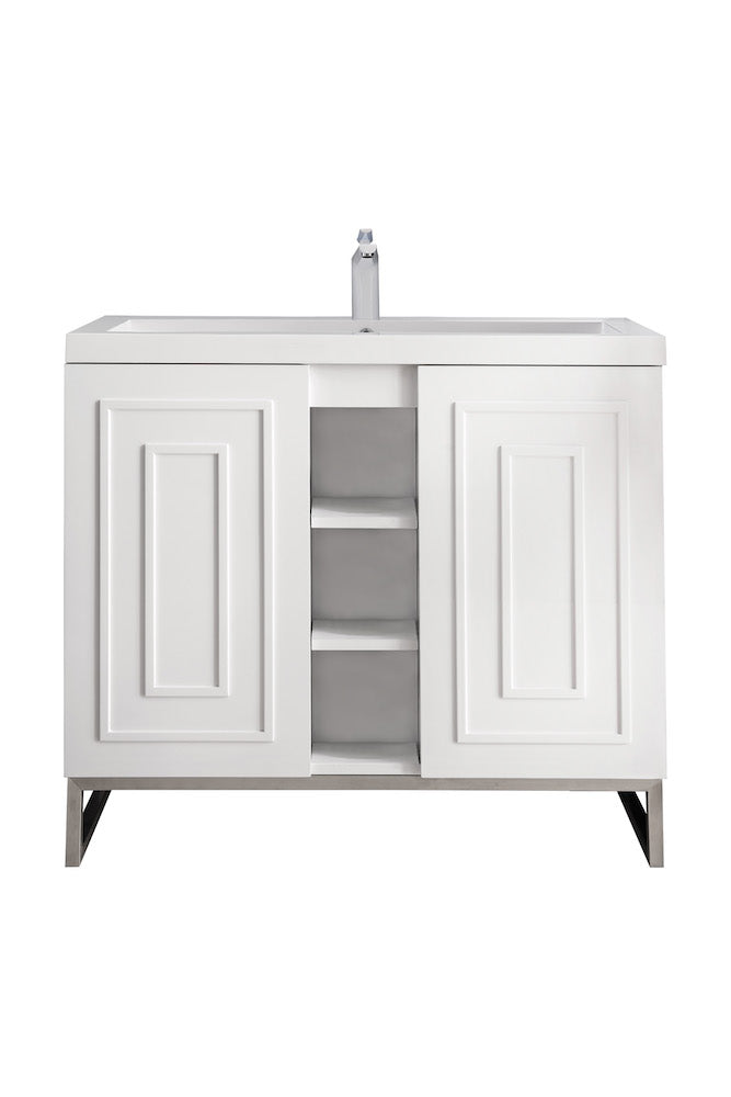 39.5" Alicante Single Sink Bathroom Vanity, Glossy White, Brushed Nickel w/ Countertop