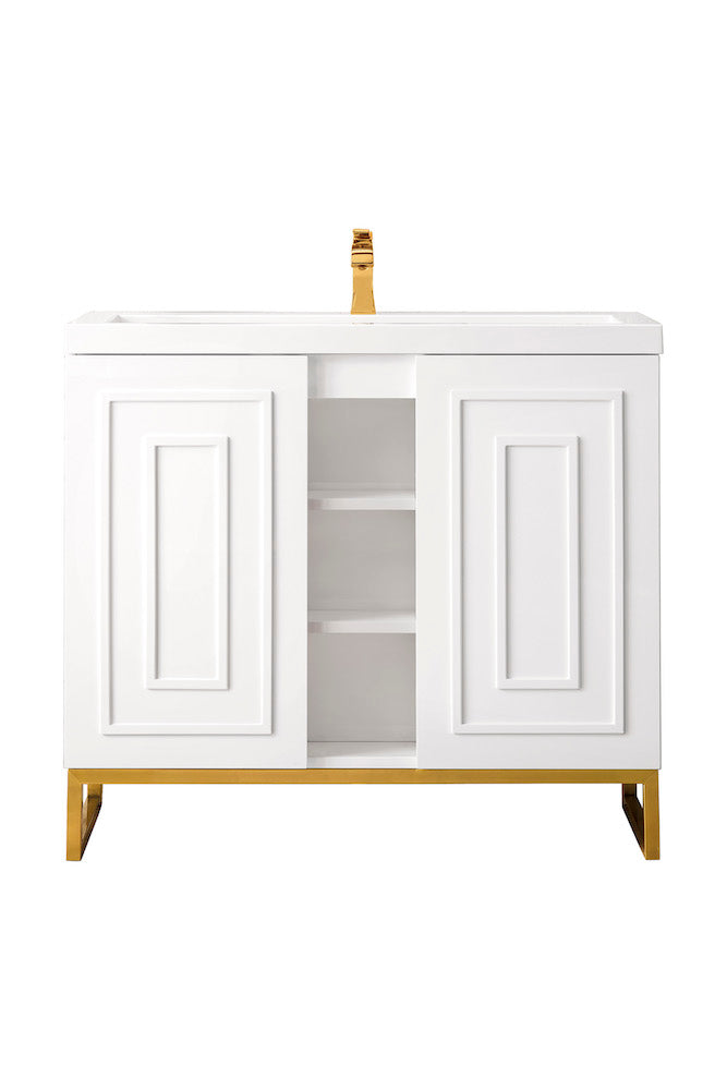 39.5" Alicante Single Sink Bathroom Vanity, Glossy White, Radiant Gold w/ Countertop