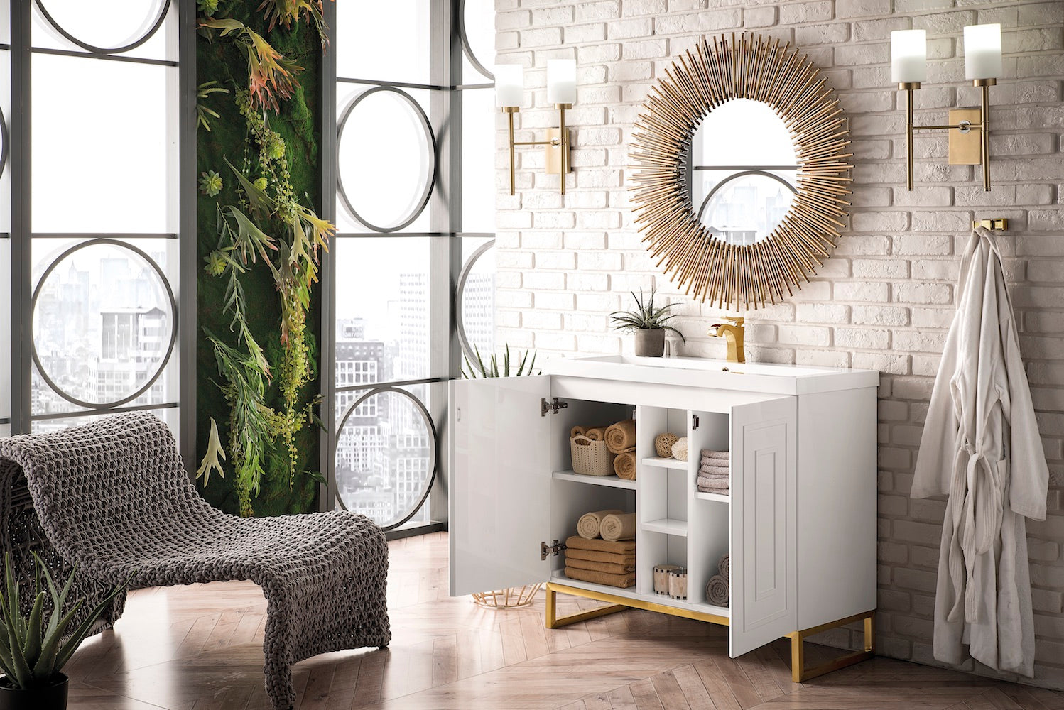 39.5" Alicante Single Sink Bathroom Vanity, Glossy White, Radiant Gold w/ Countertop