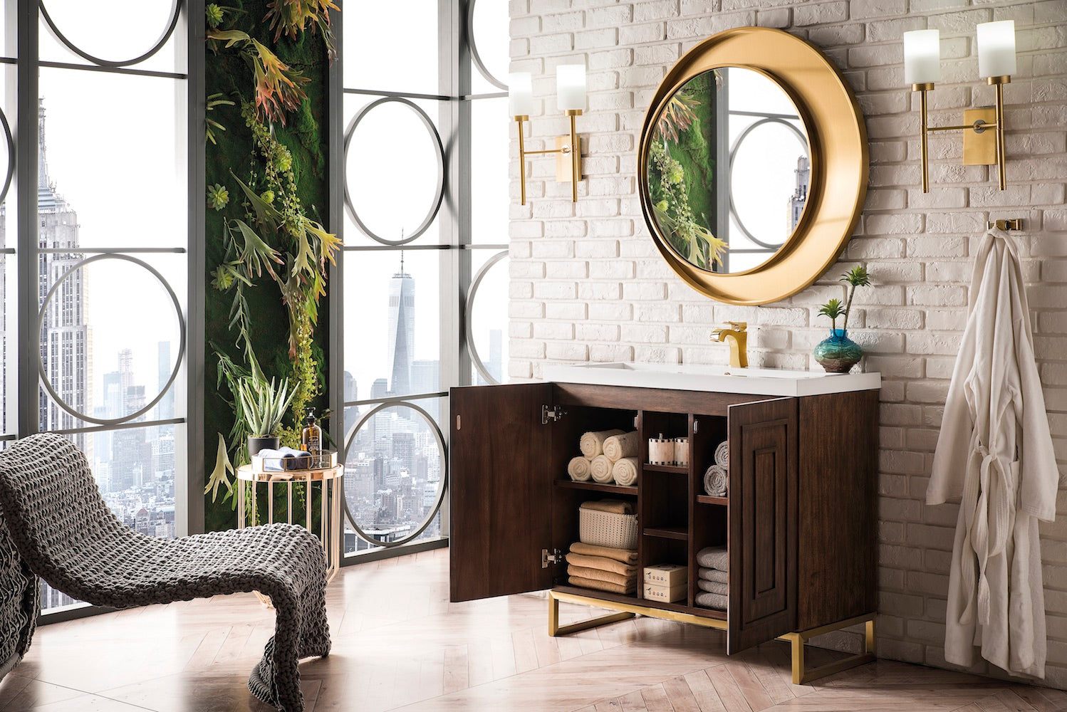39.5" Alicante Single Sink Bathroom Vanity, Mid Century Acacia, Radiant Gold w/ Countertop