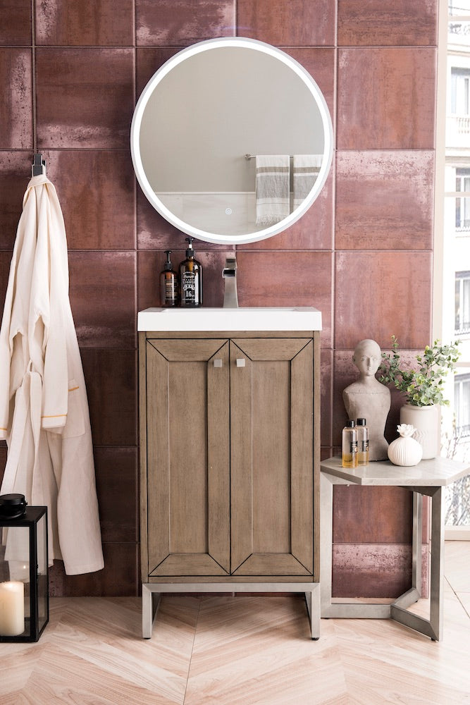 20" Chianti Single Sink Bathroom Vanity, Whitewashed Walnut, Brushed Nickel w/ Countertop