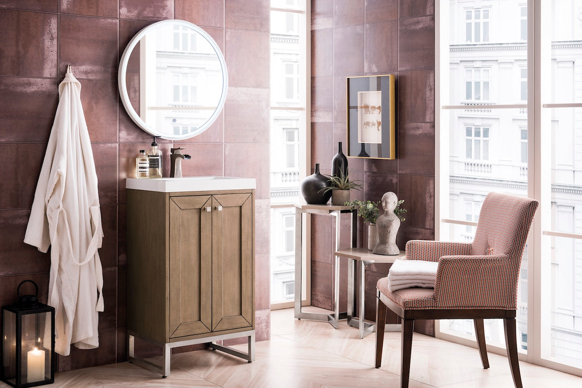 20" Chianti Single Sink Bathroom Vanity, Whitewashed Walnut, Brushed Nickel w/ Countertop