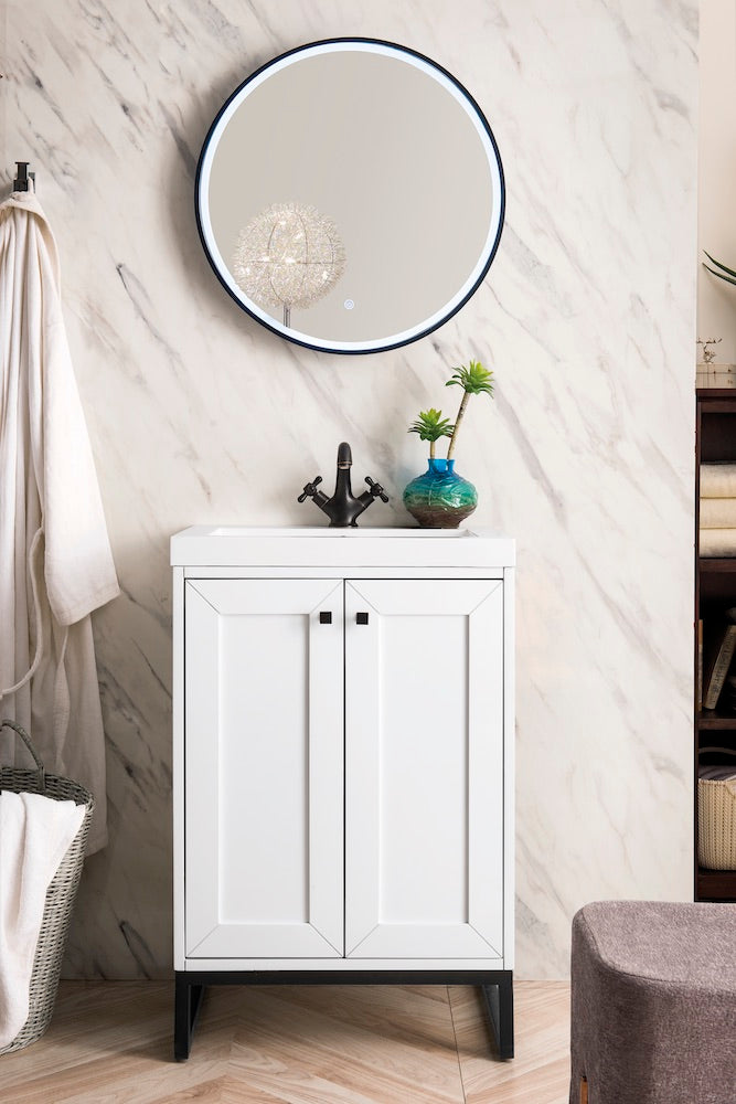 24" Chianti Single Sink Bathroom Vanity, Glossy White, Matte Black w/ Countertop