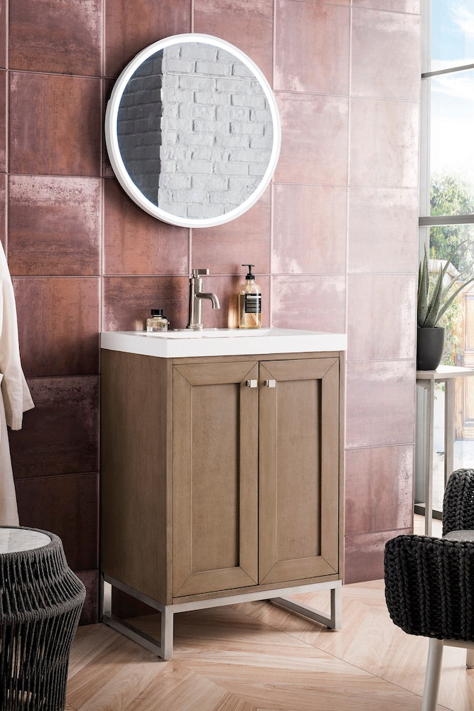 24" Chianti Single Sink Bathroom Vanity, Whitewashed Walnut, Brushed Nickel w/ Countertop