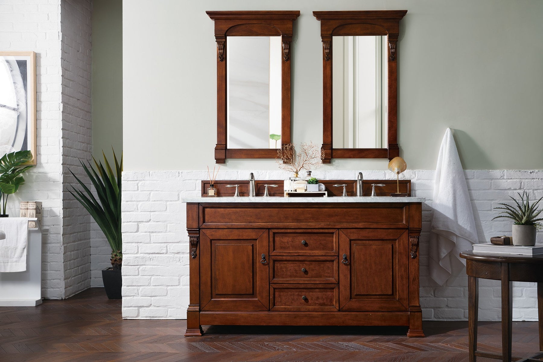 60" Brookfield Warm Cherry Double Bathroom Vanity, James Martin Vanities - vanitiesdepot.com