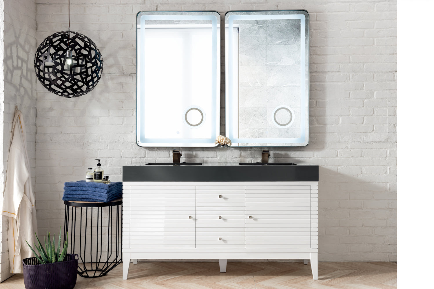 59" Linear Double Sink Bathroom Vanity, Glossy White