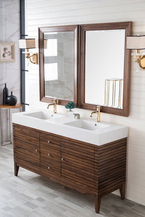 59" Linear Double Sink Bathroom Vanity, Mid Century Walnut