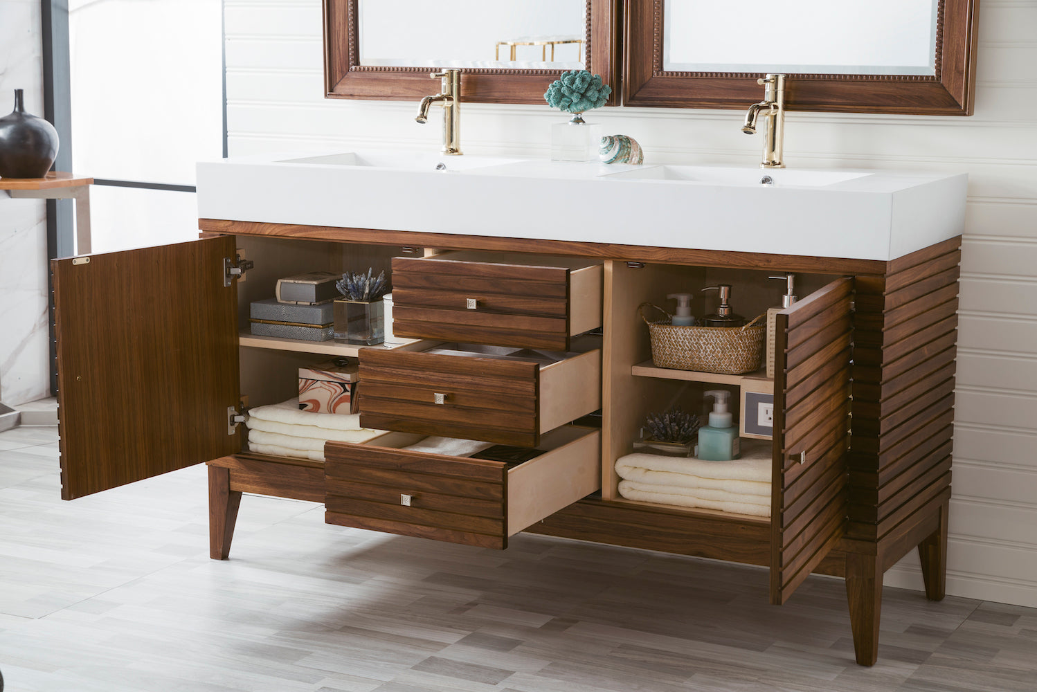 59" Linear Double Sink Bathroom Vanity, Mid Century Walnut