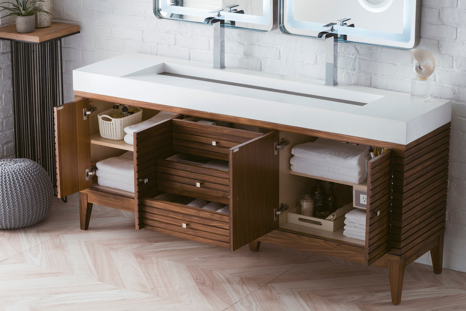 72" Linear Double Sink Bathroom Vanity, Mid Century Walnut