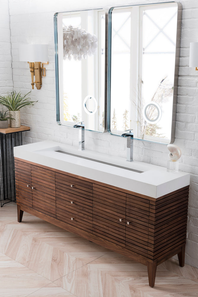 72" Linear Double Sink Bathroom Vanity, Mid Century Walnut