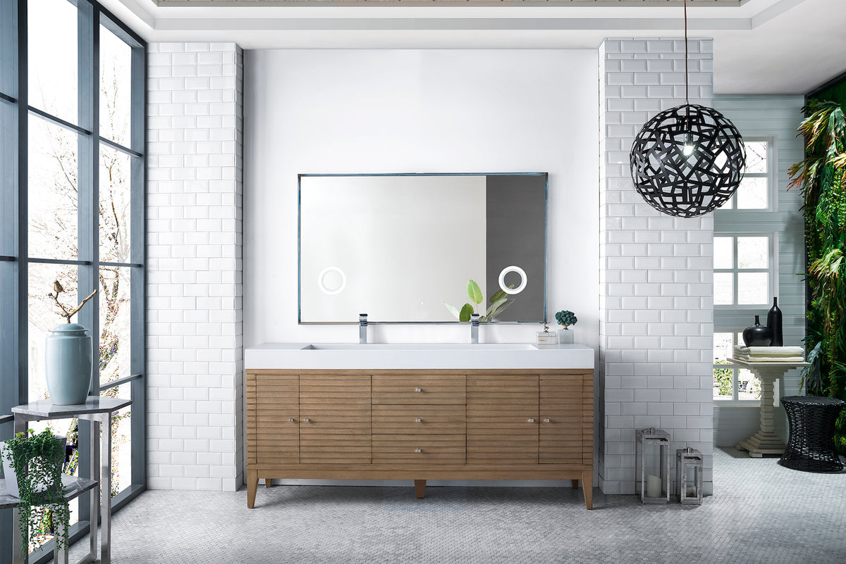 72" Linear Double Sink Bathroom Vanity, Whitewashed Walnut