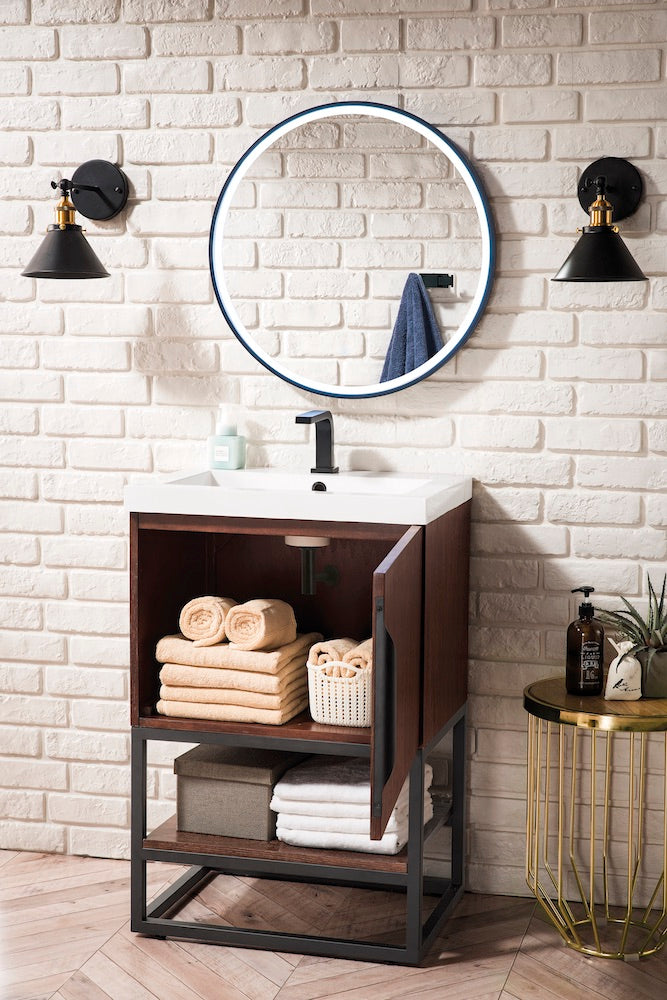 24" Columbia Single Sink Bathroom Vanity, Coffee Oak, Matte Black w/ Top