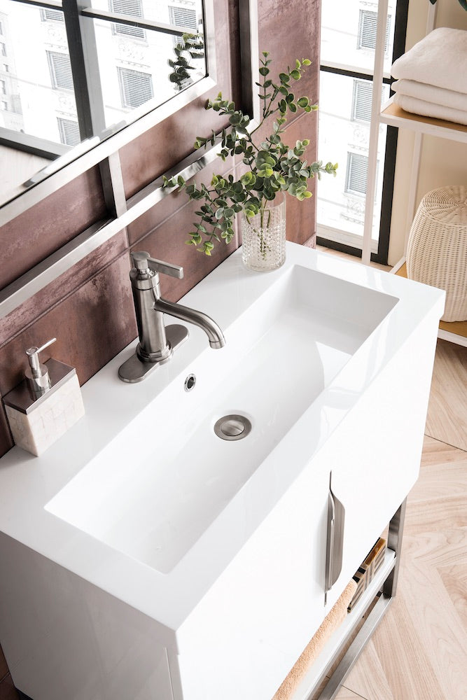31.5" Columbia Single Sink Bathroom Vanity, Glossy White & Brushed Nickel