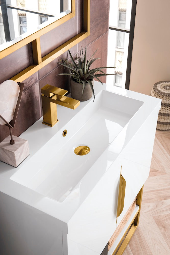 31.5" Columbia Single Sink Bathroom Vanity, Glossy White & Radiant Gold