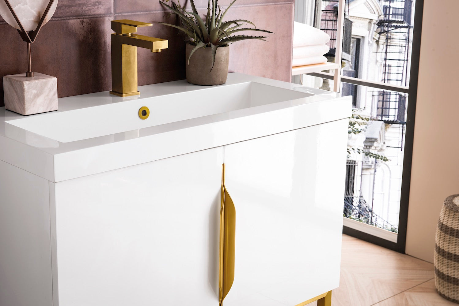 31.5" Columbia Single Sink Bathroom Vanity, Glossy White & Radiant Gold