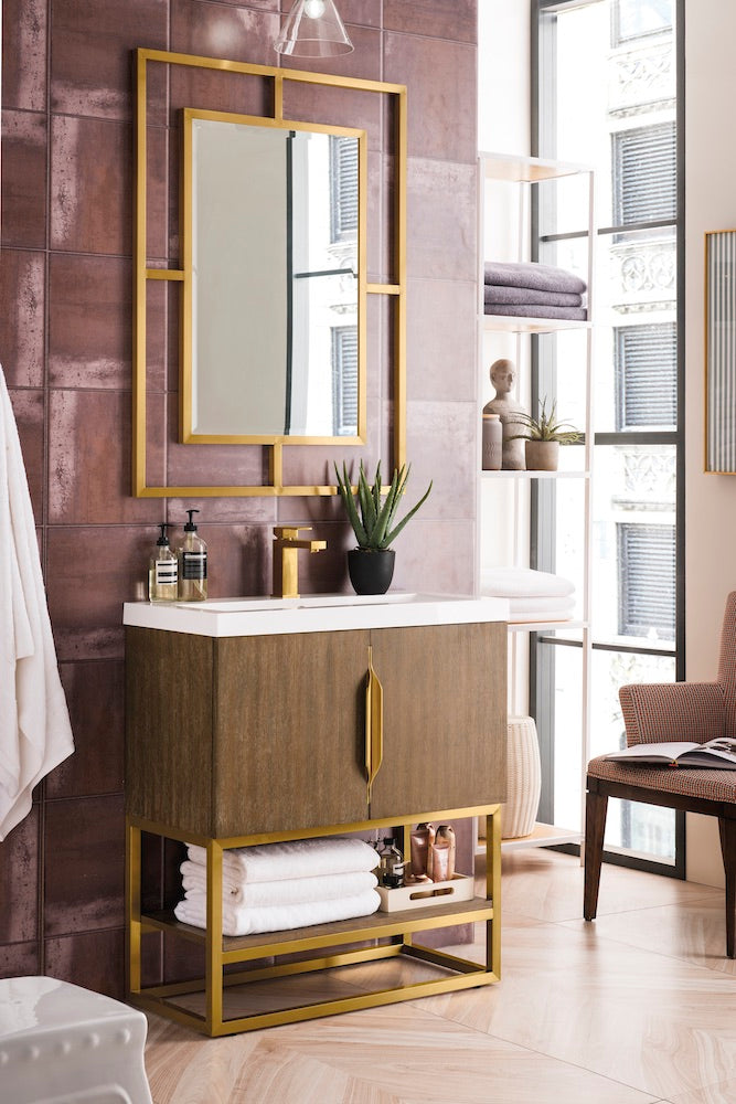 31.5" Columbia Single Sink Bathroom Vanity, Latte Oak & Radiant Gold