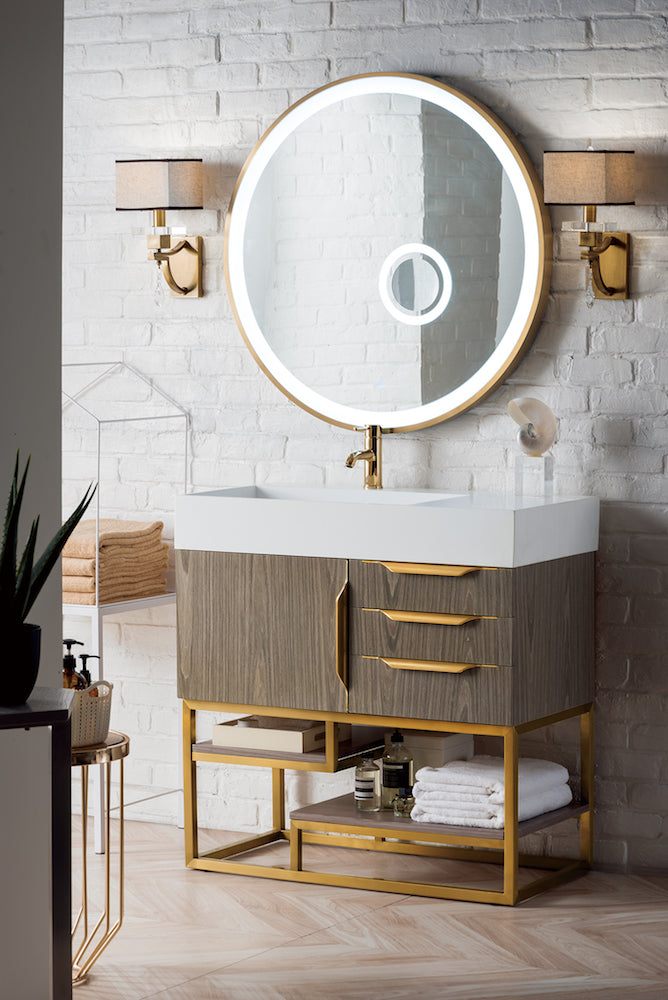 36" Columbia Single Sink Bathroom Vanity, Ash Gray w/ Radiant Gold