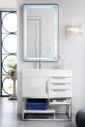 36" Columbia Single Sink Bathroom Vanity, Glossy White & Brushed Nickel