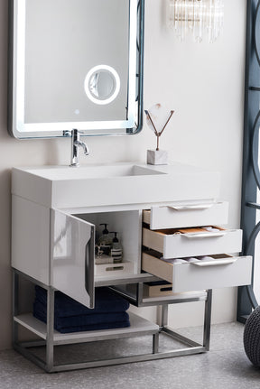 36" Columbia Single Sink Bathroom Vanity, Glossy White & Brushed Nickel