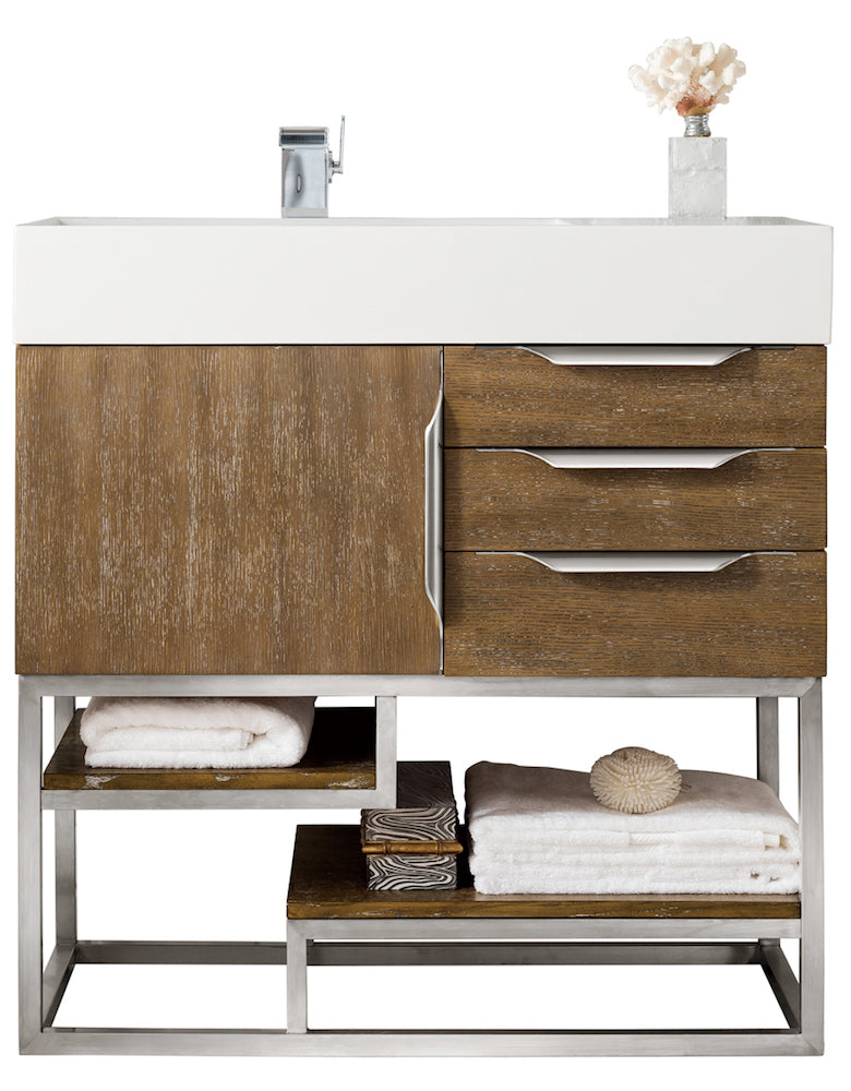 36" Columbia Single Sink Bathroom Vanity, Latte Oak & Brushed Nickel