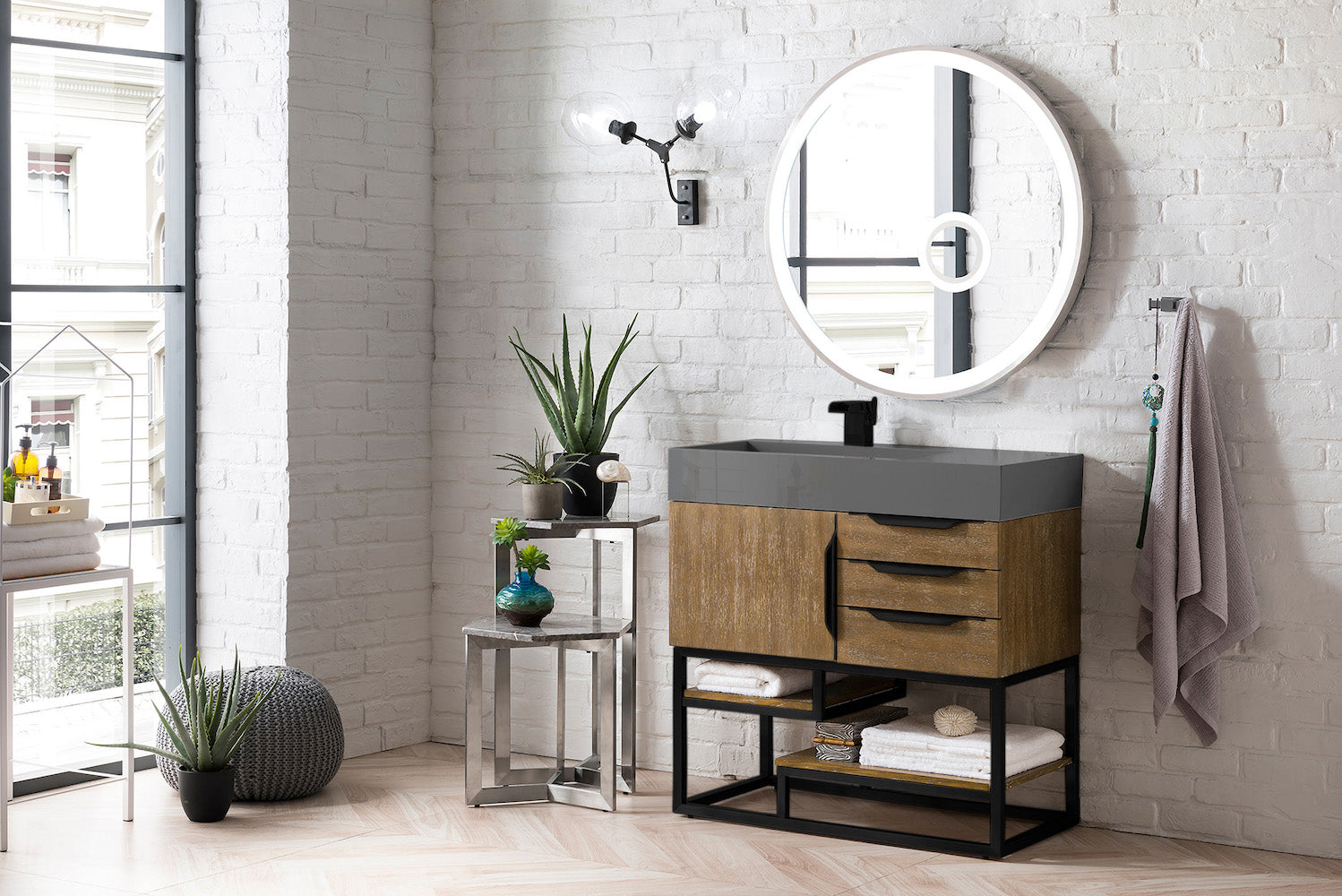 36" Columbia Single Sink Bathroom Vanity, Latte Oak w/ Matte Black