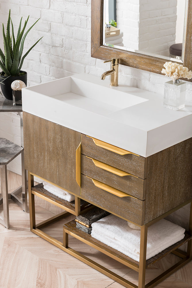 36" Columbia Single Sink Bathroom Vanity, Latte Oak w/ Radiant Gold
