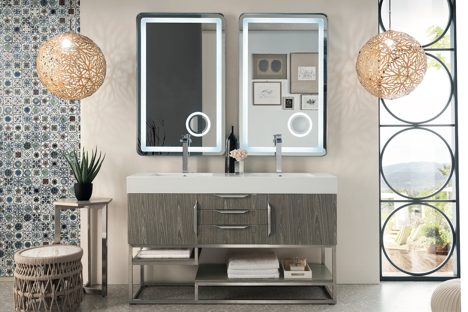 59" Columbia Double Sink Bathroom Vanity, Ash Gray w/ Brushed Nickel