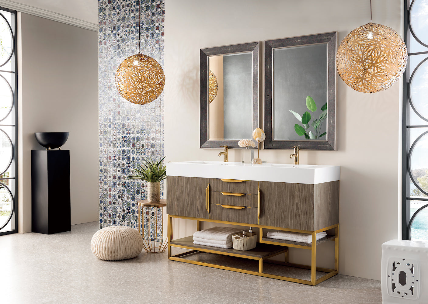 59" Columbia Double Sink Bathroom Vanity, Ash Gray w/ Radiant Gold