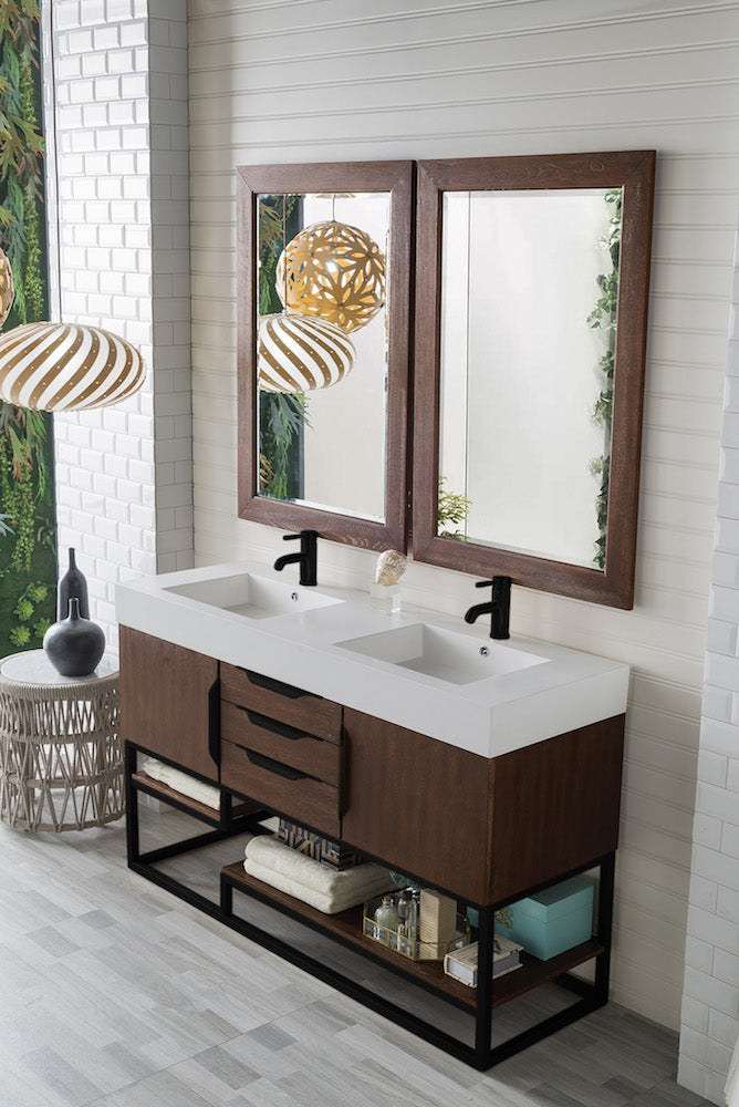 59" Columbia Double Sink Bathroom Vanity, Coffee Oak w/ Matte Black